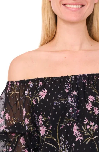 Cece Floral Off The Shoulder Lantern Sleeve Top In Black