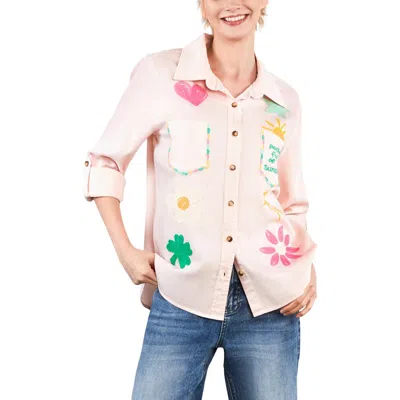 Billy T Pocketful Of Sunshine Embroidered Denim Graphic Button-up Shirt In Pink