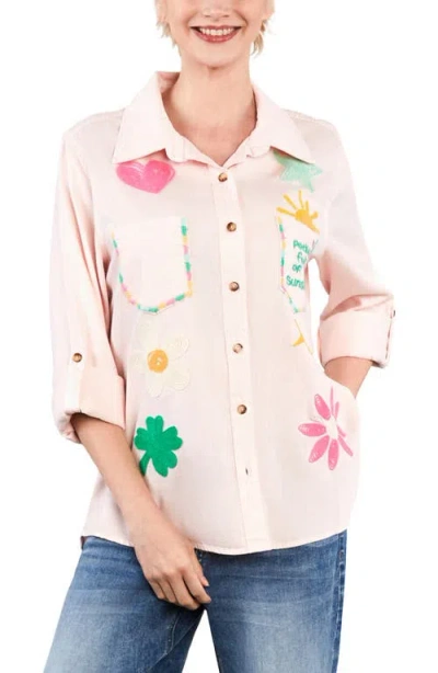 Billy T Pocketful Of Sunshine Embroidered Denim Graphic Button-up Shirt In Pink