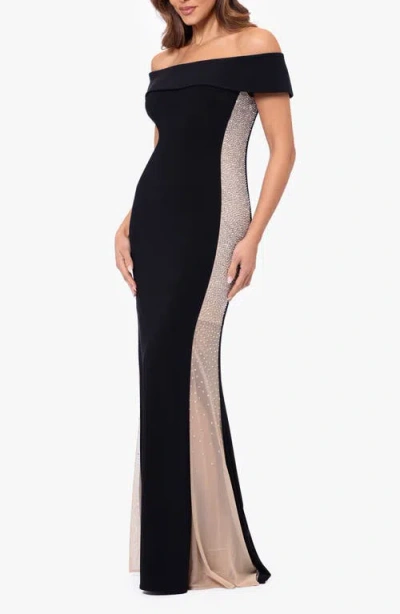 Xscape Evenings Caviar Bead Detail Off The Shoulder Gown In Black