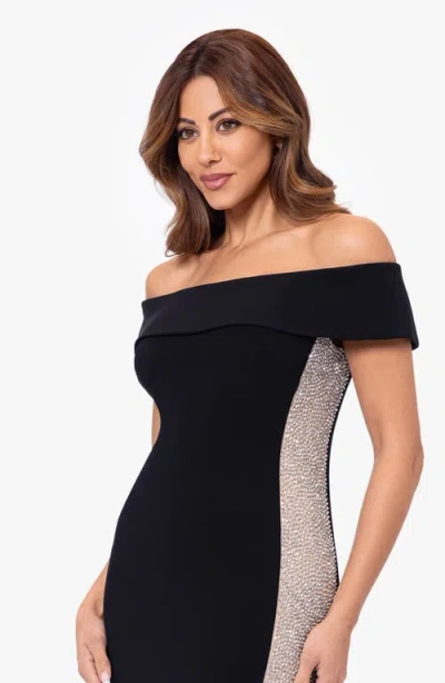 Xscape Evenings Caviar Bead Detail Off The Shoulder Gown In Black