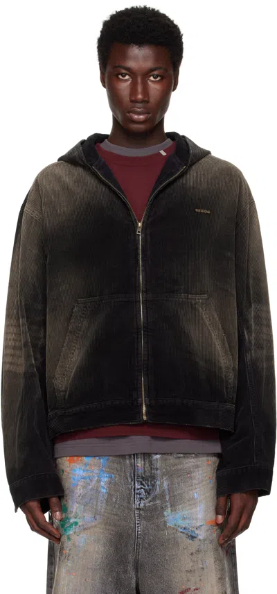 We11 Done Vintage Wash Corduroy Hoodie Zip-up Jacket In Black