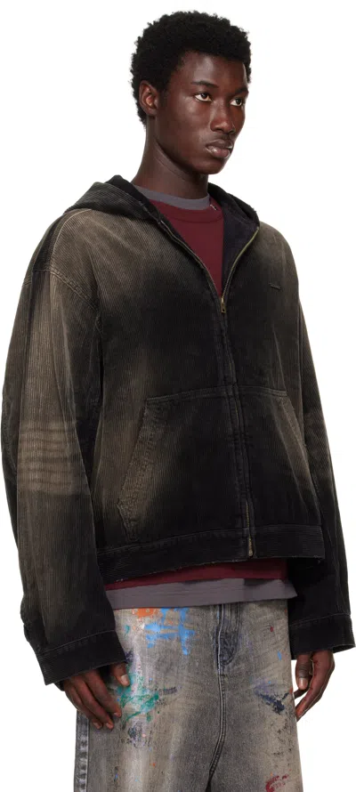 We11 Done Vintage Wash Corduroy Hoodie Zip-up Jacket In Black