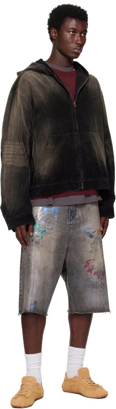 We11 Done Vintage Wash Corduroy Hoodie Zip-up Jacket In Black