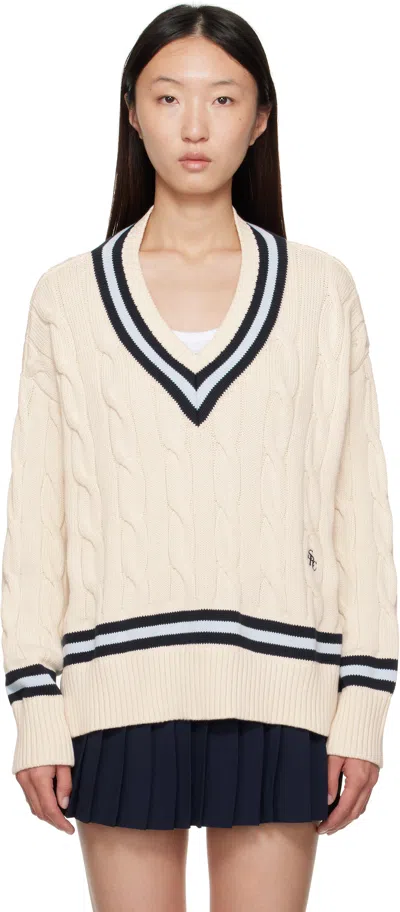 Sporty And Rich Off-white 'src' Cableknit V-neck Sweater