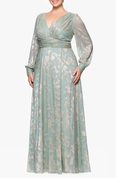 Betsy & Adam Metallic Jacquard Long Sleeve Gown In Gray