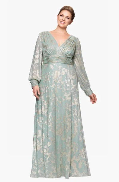 Betsy & Adam Metallic Jacquard Long Sleeve Gown In Gray