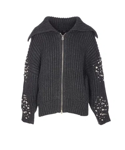 Pinko Crystal-embellished Ribbed Cardigan In Gray