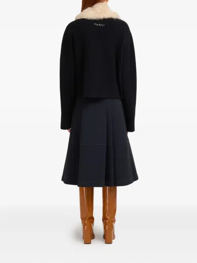 Marni Knitted Jacket With Faux Fur Collar In Black