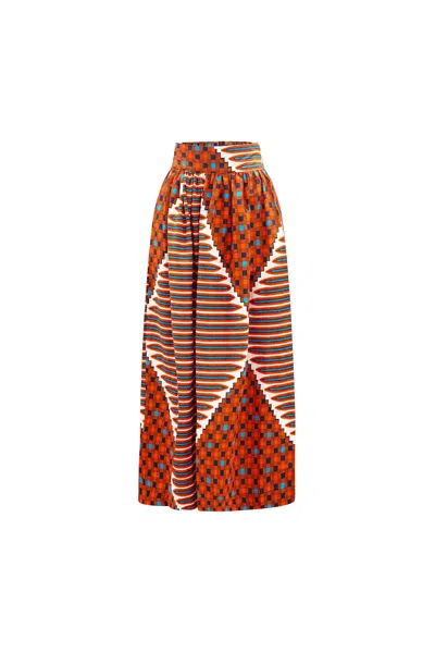 Oliveankara Women's Orange / Blue / White Ajaka Maxi Skirt - Orange White Blue African Ankara Wax Cotton Print