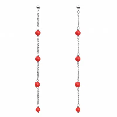 Unaloe Women's Silver / Red Dangling Earrings In Sterling Silver With Natural Coral Beads