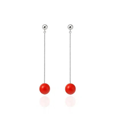 Unaloe Women's Silver / Red Minimal Dangling Earrings In Sterling Silver With Natural Coral Bead