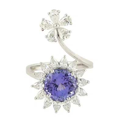 Artisan Women's White / Blue "tanzanite & Diamond Floral Wrap Ring In 14k White Gold"