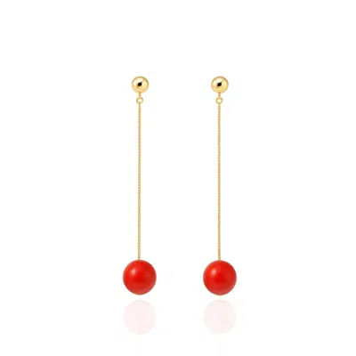 Unaloe Women's Gold / Red Minimal Gold-plated Dangling Earrings In Sterling Silver With Natural Coral Bead