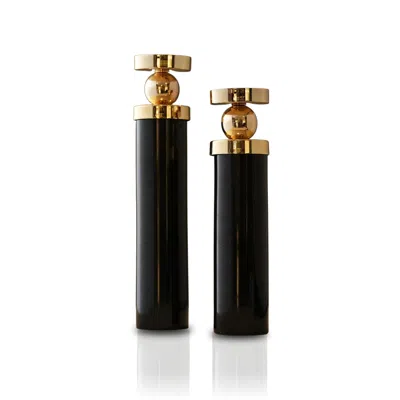 Marleth Gold / Black Black Marble Cylinder Candle Holders With Polished Brass Accents, Set Of Two