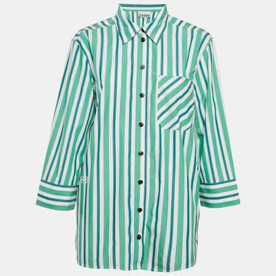 Pre-owned Ganni Green Striped Cotton Button Front Oversized Shirt S