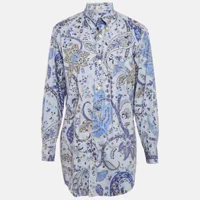 Pre-owned Etro Blue Printed Cotton Blend Button Front Shirt Xs