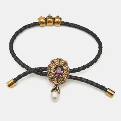 Pre-owned Alexander Mcqueen Jewel Friendship Adjustable Nappa Leather Gold Tone Bracelet