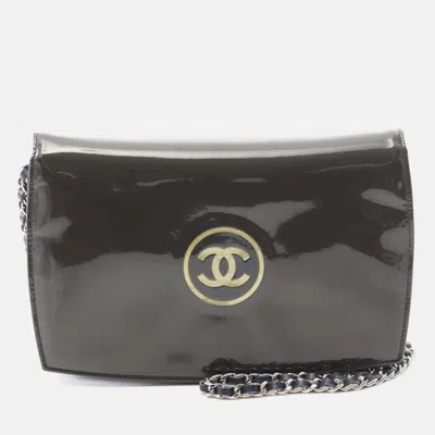 Pre-owned Chanel Coco Mark Crossbody Chain Shoulder Wallet Bag Patent Leather Green Shw
