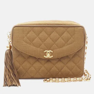 Pre-owned Chanel Matelasse Tassel Chain Shoulder Bag Fabric Linen Khaki Ghw Cc In Brown
