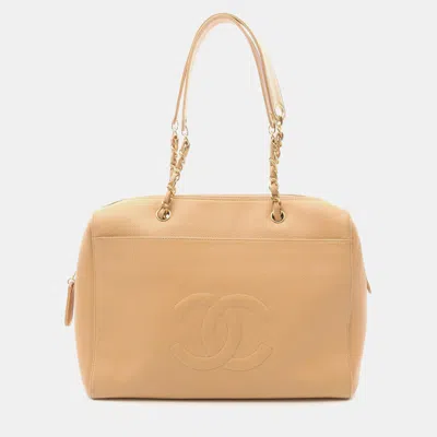 Pre-owned Chanel Coco Mark Tote Chain Shoulder Bag Calf Leather Beige Ghw In Sand