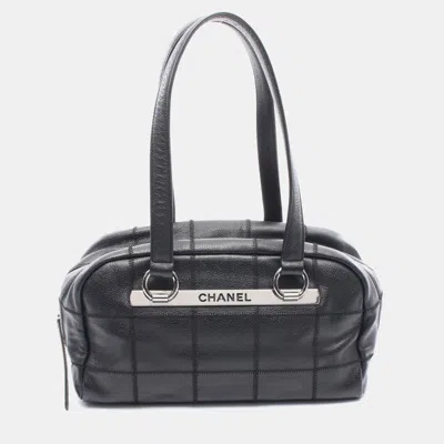 Pre-owned Chanel Chocolate Bar Shoulder Tote Bag Leather Grained Calfskin Black Shw
