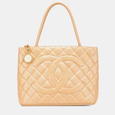 Pre-owned Chanel Beige Caviar Medallion Tote In Sand
