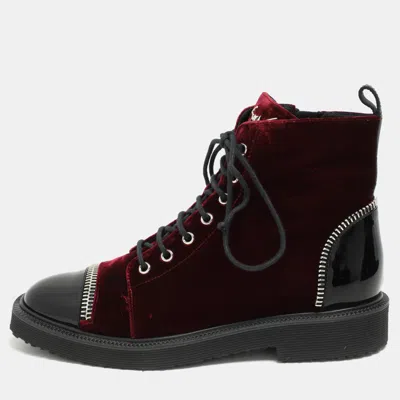 Pre-owned Giuseppe Zanotti Burgundy/black Velvet And Patent Leather Ankle Boots Size 39.5