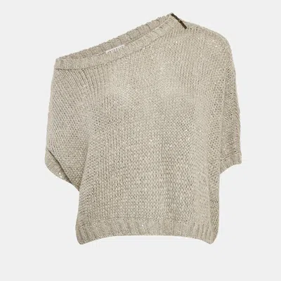 Pre-owned Brunello Cucinelli Grey Sequin Rib Knit Short Sleeve Sweater L