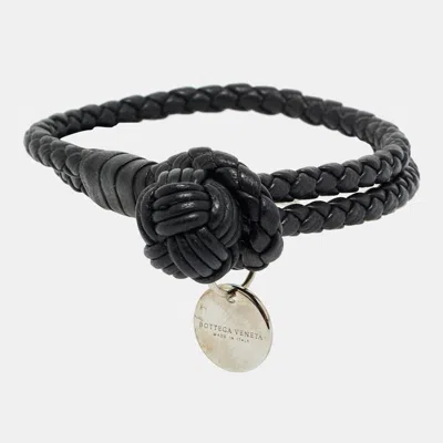 Pre-owned Bottega Veneta Black Intrecciato Leather Silver Tone Knot Bracelet
