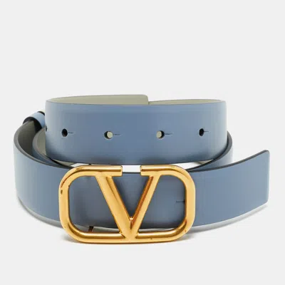 Pre-owned Valentino Garavani Blue/grey Leather Vlogo Reversible Waist Belt Size 75 Cm