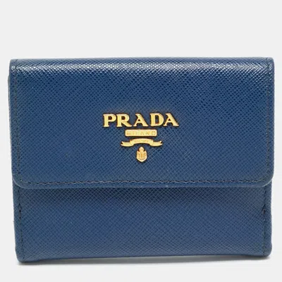 Pre-owned Prada Blue Saffiano Metal Leather French Compact Wallet
