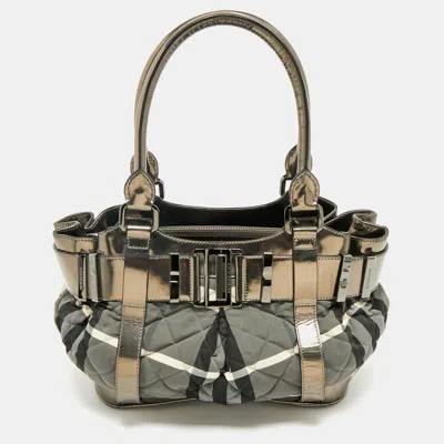 Pre-owned Burberry Black/grey Beat Check Nylon And Patent Leather Small Healy Tote
