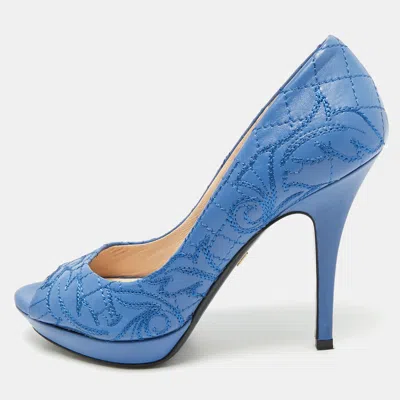Pre-owned Versace Blue Embroidered Leather Peep Toe Platform Pumps Size 38