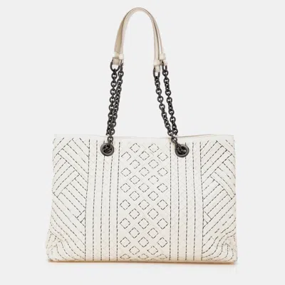 Pre-owned Bottega Veneta Double Chain Tote Medium White Intrecciato Stitched Leather Bag