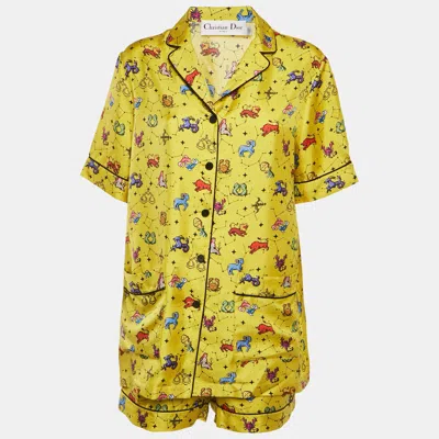 Pre-owned Dior Christian  Yellow Zodiac Print Silk Shirt And Shorts Set M/l