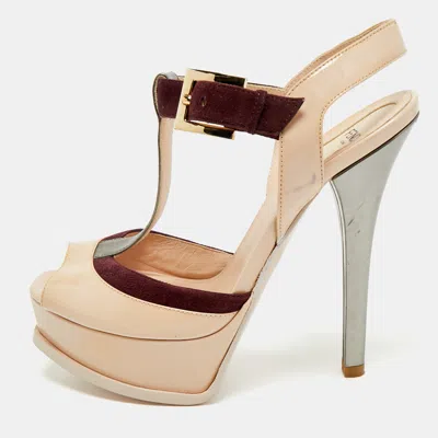 Pre-owned Fendi Multicolor Patent Leather Platform T-strap Sandals Size 37.5