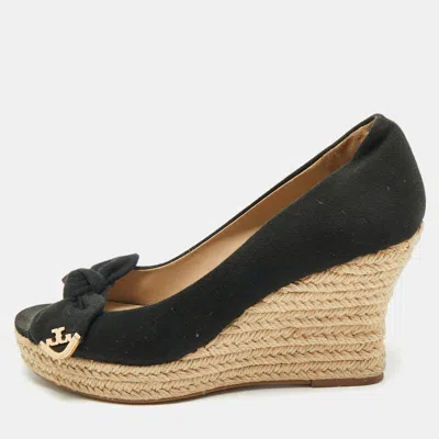 Pre-owned Tory Burch Black Fabric Bow Peep-toe Espadrille Wedge Pumps Size Size 37.5