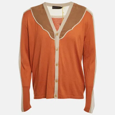Pre-owned Etro Orange Faux Suede Trim Knit Cardigan Xxl