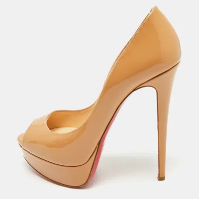 Pre-owned Christian Louboutin Beige Patent Leather Lady Peep Toe Pumps Size 37.5 In Sand