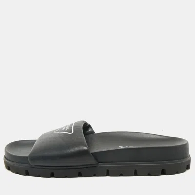 Pre-owned Prada Black Soft Padded Leather Logo Print Flat Slide Sandals Size 38