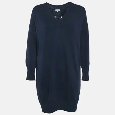 Pre-owned Kenzo Navy Blue Logo Intarsia Rib Knit Mini Sweater Dress S