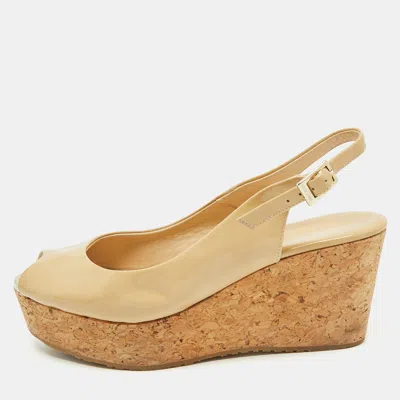 Pre-owned Jimmy Choo Beige Patent Leather Cork Platform Wedge Slingback Pumps Size 39