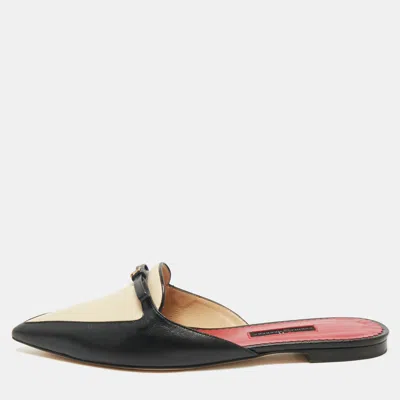 Pre-owned Ch Carolina Herrera Black/cream Leather Bow Detail Flat Mules Size 38