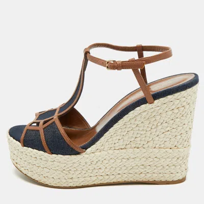 Pre-owned Sergio Rossi Navy Blue/brown Denim And Leather Espadrille Platform Wedge Sandals Size 40.5