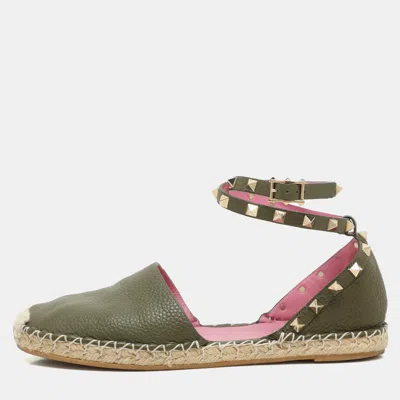 Pre-owned Valentino Garavani Olive Green Leather Rockstud Ankle Strap Espadrille Flats Size 40