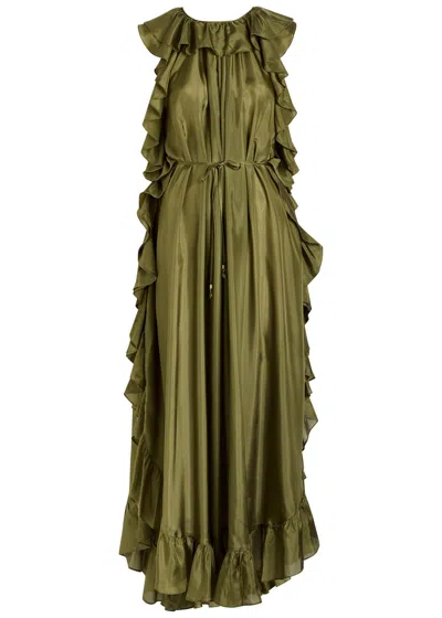 Zimmermann Womens Olive Cascadian Ruffled Silk Midi Dress Xs