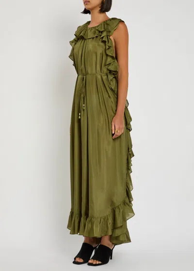 Zimmermann Womens Olive Cascadian Ruffled Silk Midi Dress Xs