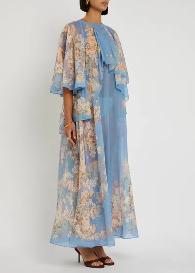 Zimmermann Womens Teal Blue Botanical Cascadian Flared-panels Cotton And Silk Maxi Dress Xl