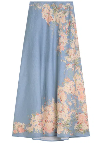 Zimmermann Womens Cascadian Bias Floral Linen Midi Skirt Teal Blue Botanical